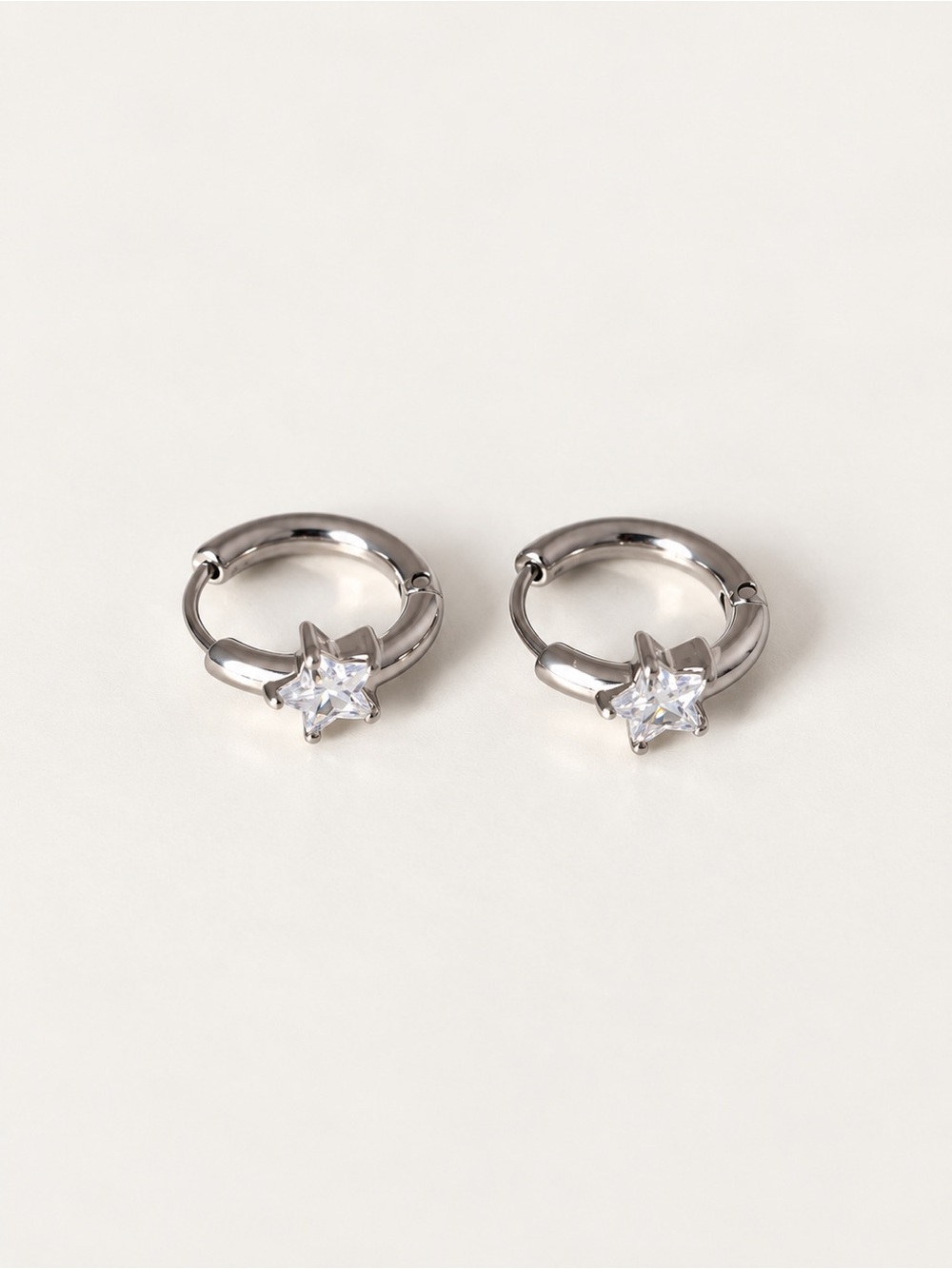 Stainless Steel Star CZ Charm Huggie Hoop Earrings